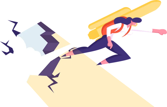 Happy Business Woman Or Manager With Jetpack On Back Punch Through Rock Wall To Goal Achievement Girl With Rocket On Back Reach New Level Of Development Career Boost Cartoon Flat Vector Illustration Illustration