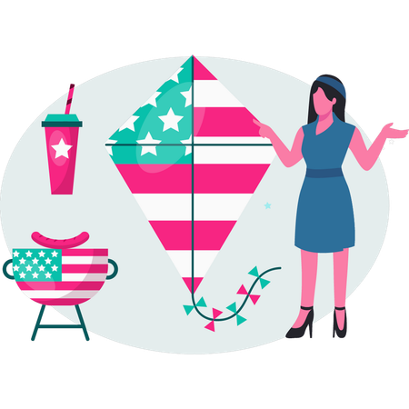 Woman flying USA kite  Illustration