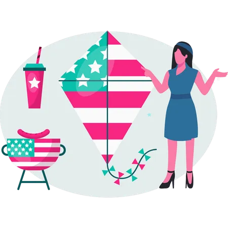 Woman flying USA kite  Illustration