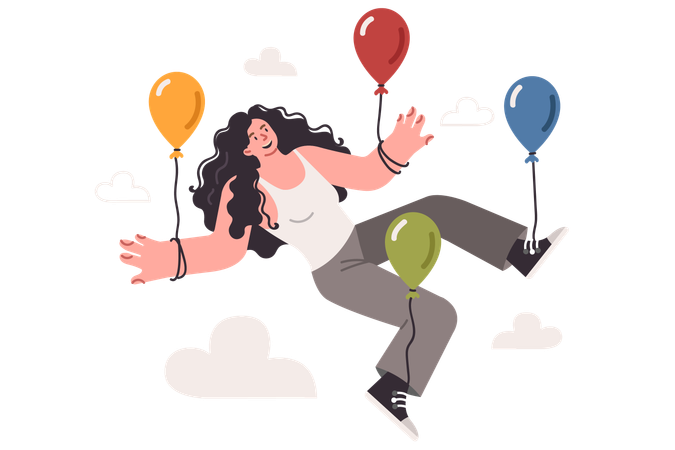 Woman flying with balloon  Illustration