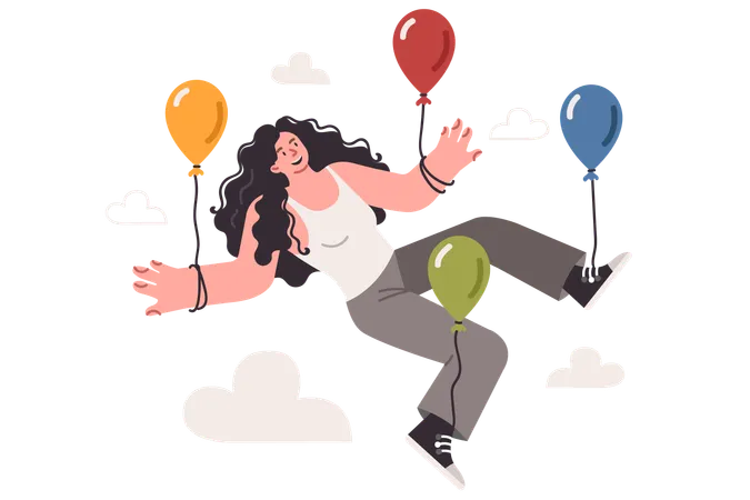 Serene Woman Feels Freedom And Lightness Flying In Sky On Balloons Thanks To Spiritual Harmony And Balance Inspired Girl Experiences Psychological Comfort After Watching Motivational Film Illustration