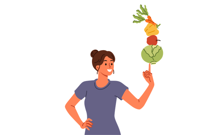 Woman follows balanced diet of vegetables leads healthy lifestyle thanks to proper nutrition  Illustration
