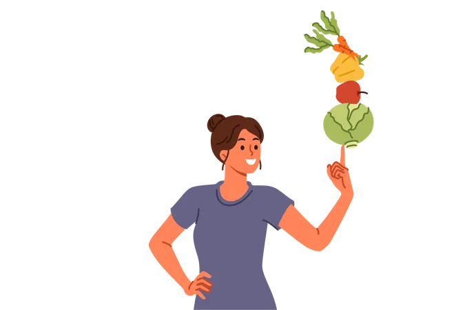 Woman Follows Balanced Diet Of Vegetables And Fruits Leads Healthy Lifestyle Thanks To Proper Nutrition Vegetarian Girl Recommends New Diet To Detoxify Body And Lose Excess Weight Illustration
