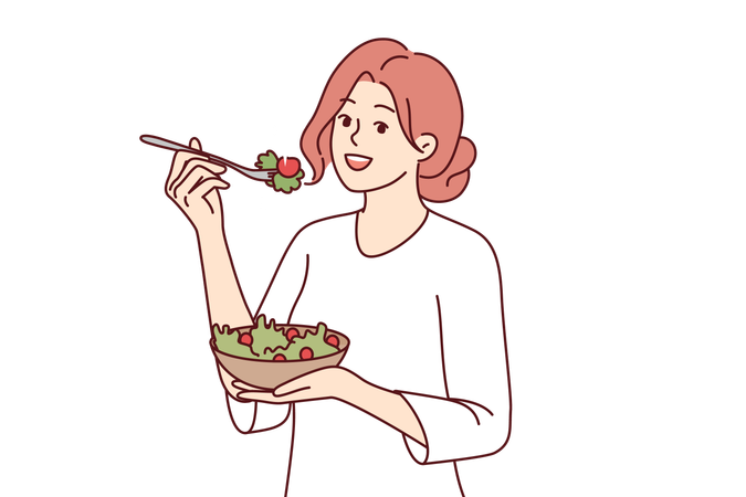 Woman follows diet by eating green seaweed salad to get rid of diseases and lead healthy lifestyle  Illustration