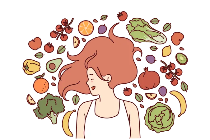 Vegetarian Woman Lies Among Fresh Fruits And Vegetables Rejoicing At Opportunity To Eat Organic Food Vegetarian Girl With Fluffy Hairstyle Comes Up With Recipe For New Salad From Farm Ingredients Illustration