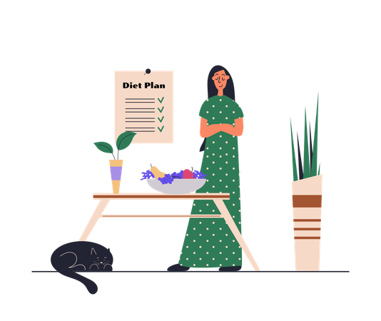 Woman Follows Dieting Food With Diet Plan  Illustration