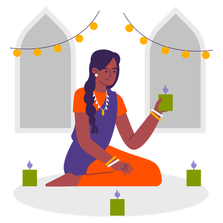 Woman follows Diwali Tradition  Illustration