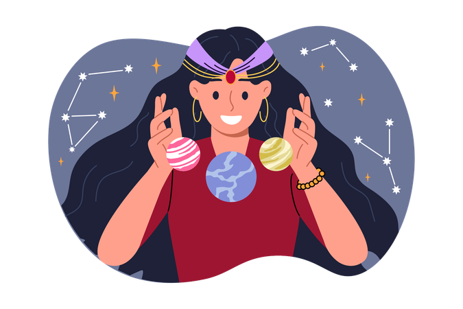 Woman fortune teller is interested in astrology predicting future by studying constellations in sky  Illustration