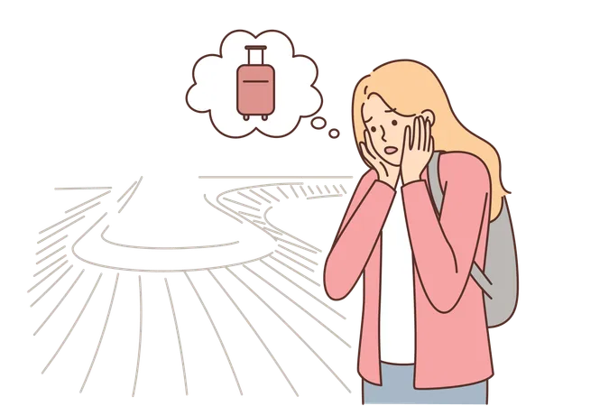Woman Found Out About Loss Of Luggage At Airport And Grabbed Head Standing Near Conveyor For Suitcases Frightened Girl Airport Passenger Is Stressed Because Of Problems With Luggage Delay Illustration
