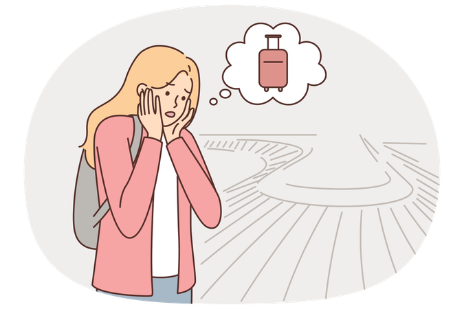 Woman found out about loss of luggage at airport standing near conveyor for suitcases  Illustration