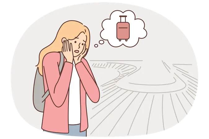 Woman found out about loss of luggage at airport standing near conveyor for suitcases  Illustration