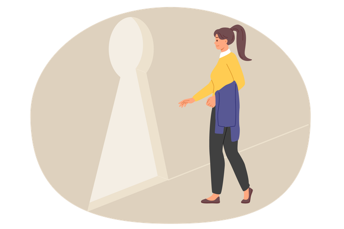 Woman found way out of difficult situation goes to giant keyhole in wall as metaphor challenge  일러스트레이션