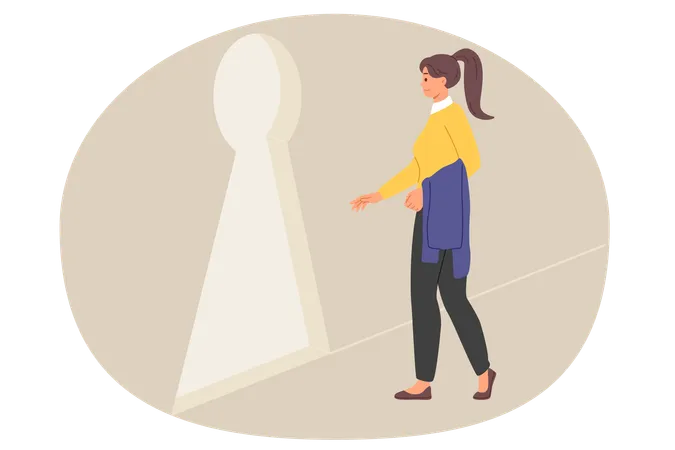 Woman found way out of difficult situation goes to giant keyhole in wall as metaphor challenge  Illustration
