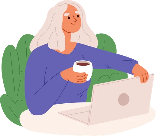 Woman Freelancer Remote Worker Work On Laptop With Coffee Cup At Home Workplace Or In Cafe Coworking Space Remotely Occupation And Freelance Concept Cartoon Flat Vector Illustration Illustration