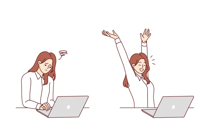 Woman freelancer experiences sudden mood swings and fatigue while working on project at laptop  Illustration