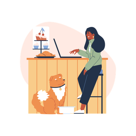 Woman freelancer in pet-friendly coffee shop  Illustration