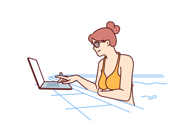 Woman freelancer is swimming in pool and using laptop doing work over internet  Illustration