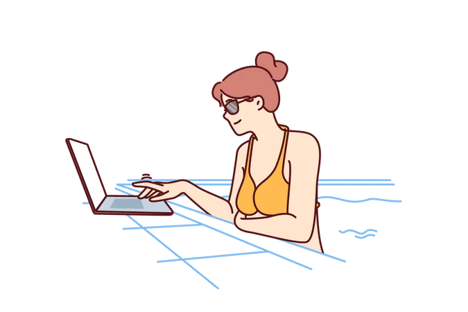 Woman Freelancer Is Swimming In Pool And Using Laptop While Doing Work Over Internet Girl In Bikini Is Using Computer While Working As Freelancer And Relaxing On Vacation At Same Time Illustration