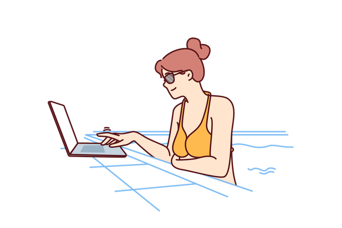 Woman freelancer is swimming in pool and using laptop doing work over internet  일러스트레이션