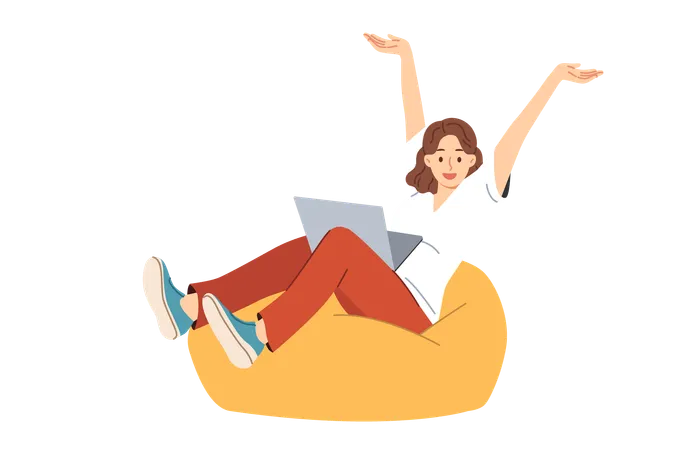 Woman freelancer joyfully raises hands after completing work on project sitting with laptop on lap  Illustration