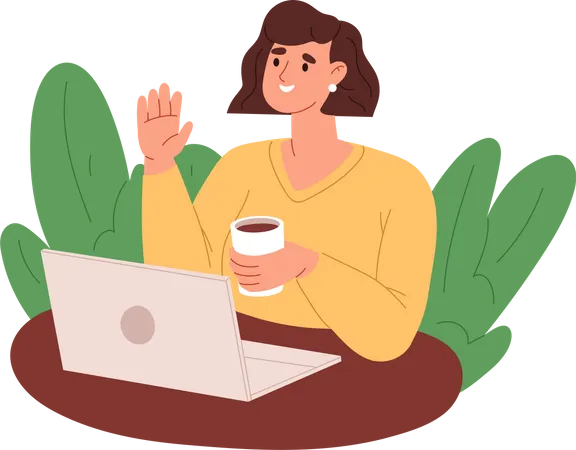 Young Woman Freelancer On Online Meeting With Colleague Or Boss On Laptop Camera Drinking Coffee Work From Coworking Space Or Internet Cafe Remote And Freelance Cartoon Flat Vector Illustration Illustration
