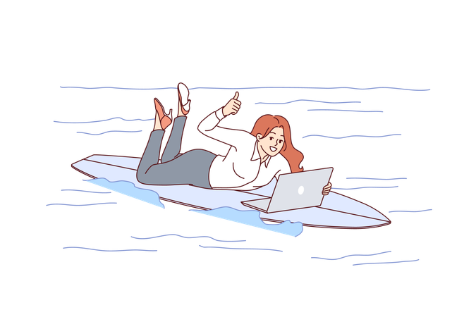 Woman freelancer rides surfboard on sea and works with laptop showing thumbs up  Illustration