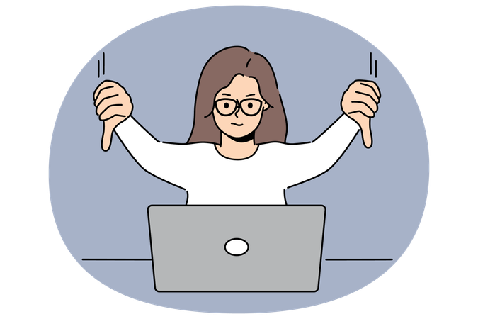 Woman freelancer showing thumbs down sitting in front of laptop and making video call to colleagues  Illustration