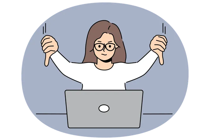 Woman freelancer showing thumbs down sitting in front of laptop and making video call to colleagues  Illustration