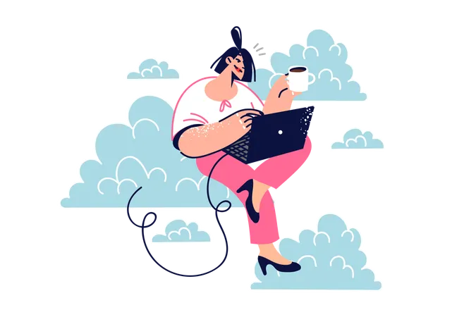 Woman Freelancer Uses Cloud Technologies To Work Remotely Via Internet Sitting On Sky With Laptop And Cup Of Coffee Freelancer Girl Enjoys Performing Online Task For Marketer Or Journalist Illustration