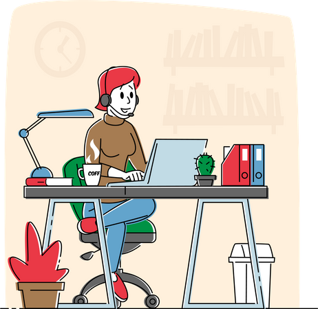 Woman Freelancer Wearing Headset Sitting in Comfortable Armchair Working Distant on Laptop Illustration