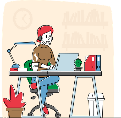 Woman Freelancer Wearing Headset Sitting in Comfortable Armchair Working Distant on Laptop  Illustration