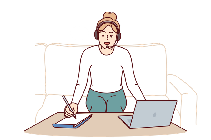 Woman freelancer with headset working from home  Illustration