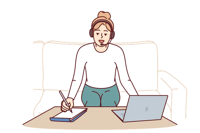Woman Freelancer With Headset Working From Home Sitting On Sofa Near Table With Laptop And Making Notes On Paper Freelancer Girl Makes Remote Career As Translator Or Support Specialist Illustration