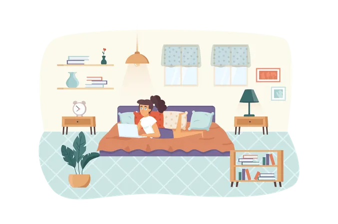 Woman freelancer working at laptop, lying on bed in bedroom at home scene. Freelance, remote work, self employed, comfy workplace concept. Vector illustration of people characters in flat design  Illustration