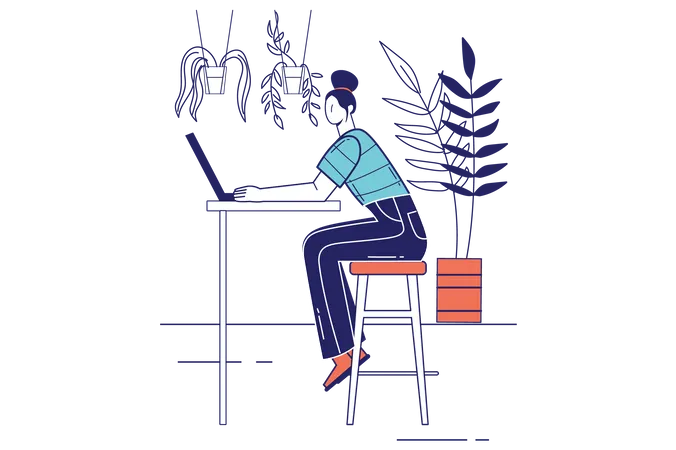Freelance Working Concept In Flat Line Design For Web Banner Woman Works At Laptop While Sitting At Cafe Remote Worker Online Modern People Scene Vector Illustration In Outline Graphic Style Illustration