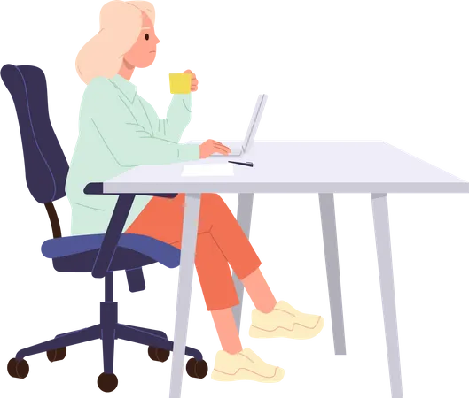 Young Woman Freelancer Cartoon Character Working On Laptop Computer Drinking Coffee Sitting At Office Table Desk Vector Illustration Isolated On White Background Co Working Space And Self Employment Illustration