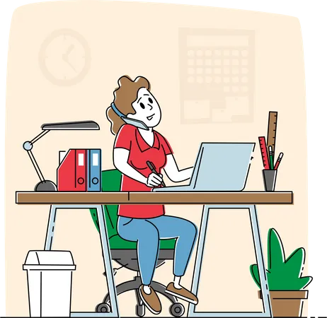 Woman Freelancer Working on Laptop Sitting at Table Workplace Talking by Mobile Phone  Illustration