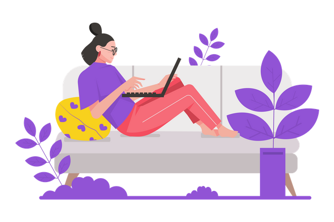 Woman freelancer working on laptop while lying on couch  Illustration