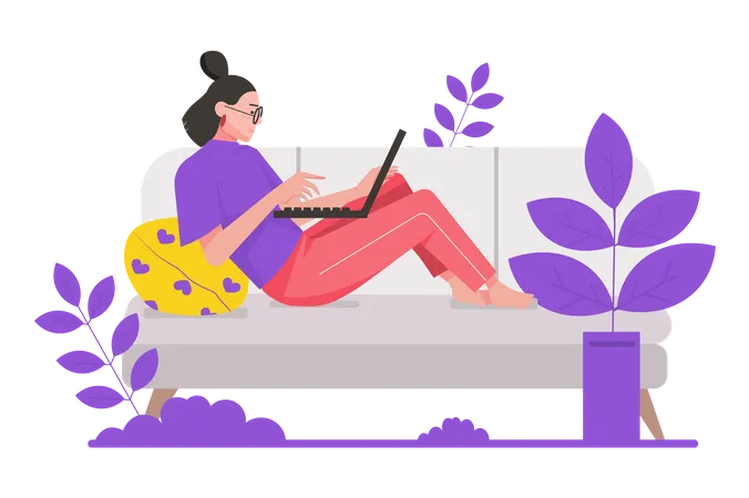 Woman freelancer working on laptop while lying on couch  Illustration