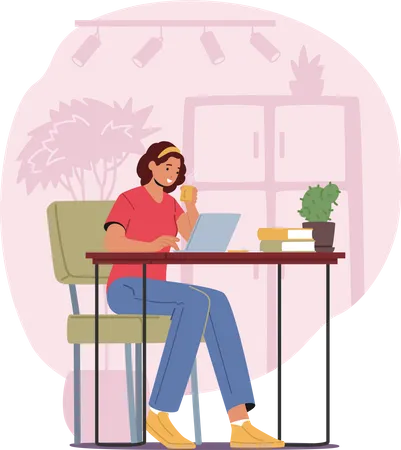 Relaxed Woman Freelancer Working On Laptop Sitting At Desk With Coffee Cup Thinking Of Tasks Freelance Outsourced Employee Occupation Working Activity Online Services Cartoon Vector Illustration Illustration