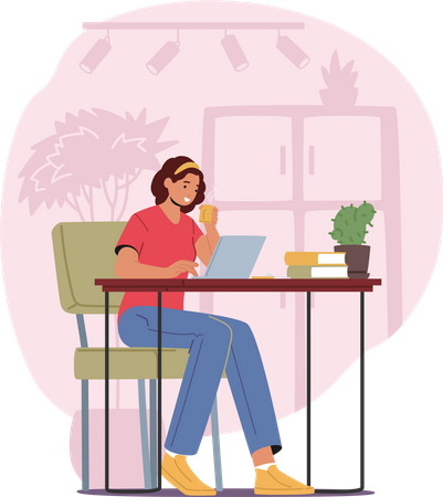 Woman Freelancer Working on Laptop with Coffee Cup Thinking of Tasks  일러스트레이션