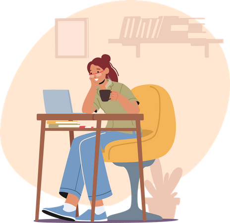 Woman Freelancer Working on Laptop with Cup of Coffee Illustration