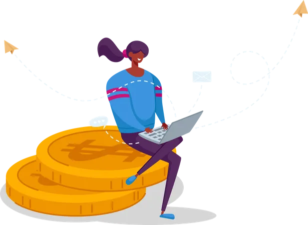 Woman Freelancer Character Working On Laptop Sitting On Huge Pile Of Golden Coins Thinking Of Tasks Freelance Outsourced Employee Occupation Work Activity Online Service Cartoon Vector Illustration Illustration