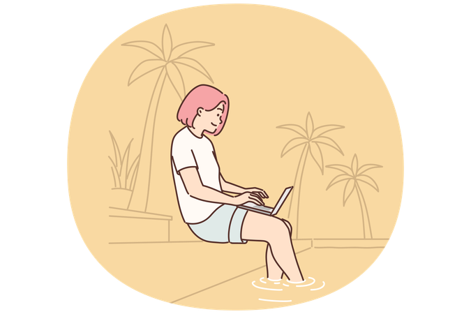 Woman freelancer working with laptop sitting on beach under palm tree or near pool in resort hotel  Illustration