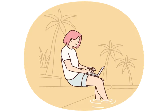Woman freelancer working with laptop sitting on beach under palm tree or near pool in resort hotel  Illustration