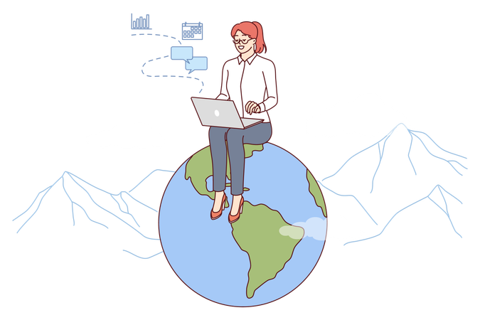 Woman freelancer works for international company via internet sits on globe with laptop on lap  Illustration