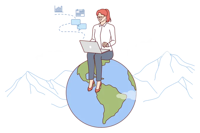 Woman freelancer works for international company via internet sits on globe with laptop on lap  Illustration