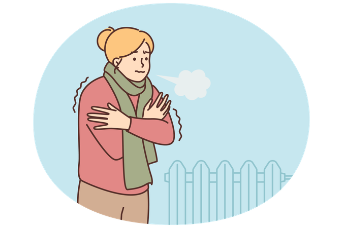 Woman freezes and stands in  room with cold battery  Illustration