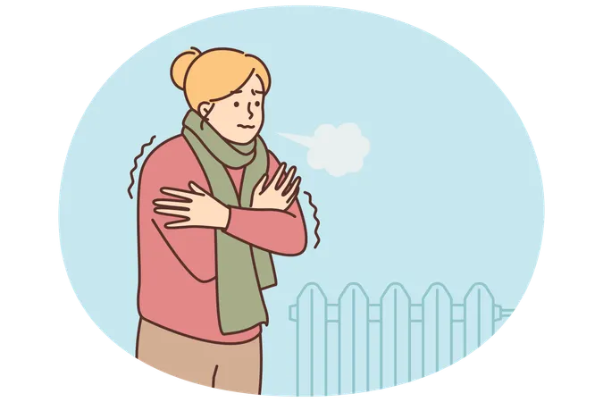 Woman freezes and stands in  room with cold battery  Illustration