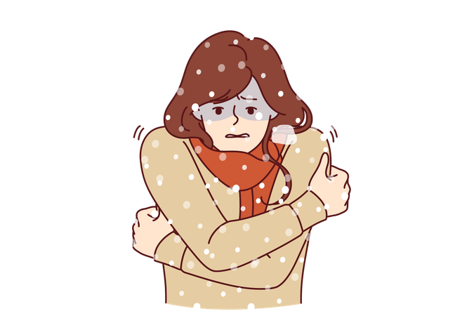 Woman freezes under snow in cold winter weather is dressed in sweater and needs warm jacket  Illustration